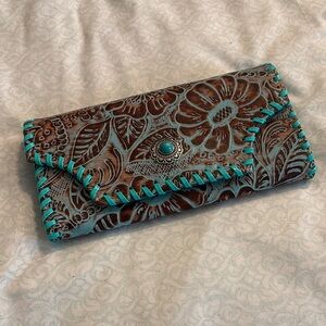 Floral Embossed Leather Clutch - Brown and Turquoise